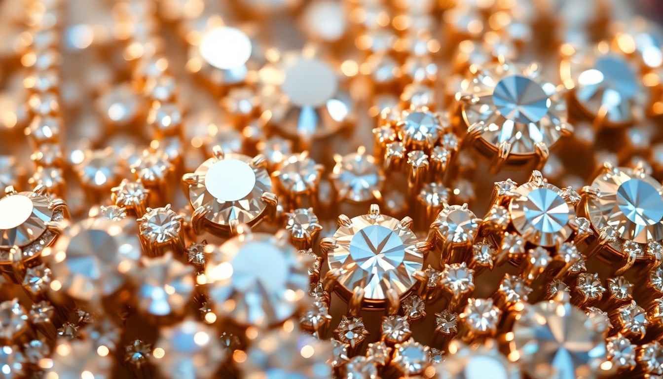 An extreme macro photograph showcasing the intricate textures and sparkling reflections of diamond, gold, and other precious materials, conveying the glamorous aesthetic of a celebrity wedding celebration.