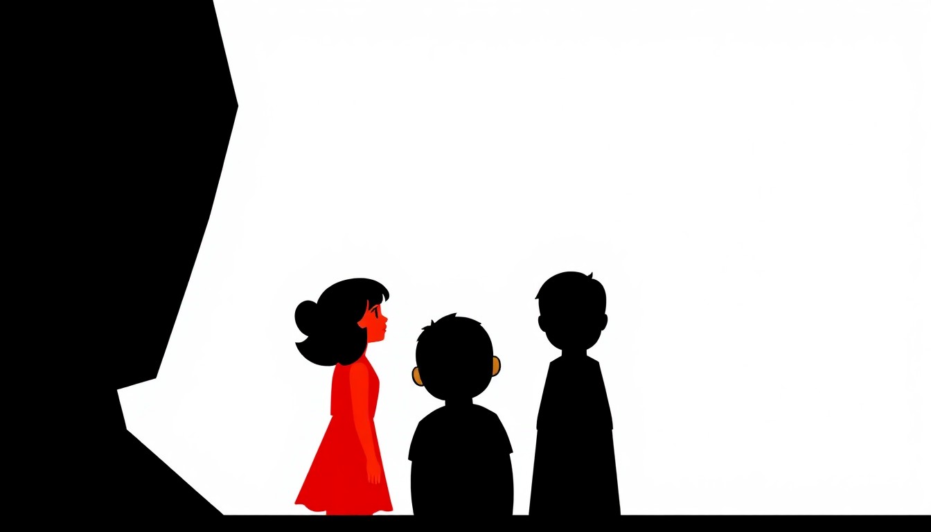 A striking, abstract illustration featuring bold, jagged shapes and silhouettes in a high-contrast palette of red and white, conceptually representing the revival of the classic sitcom 'Malcolm in the Middle'.