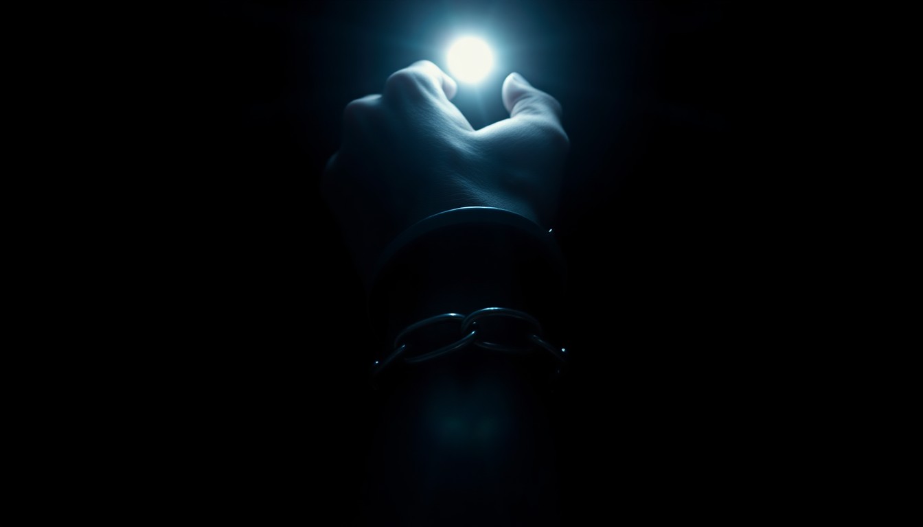 An extreme close-up of a handcuffed wrist against a pitch-black background, conceptually illustrating the arrest and investigation of a child molestation case.