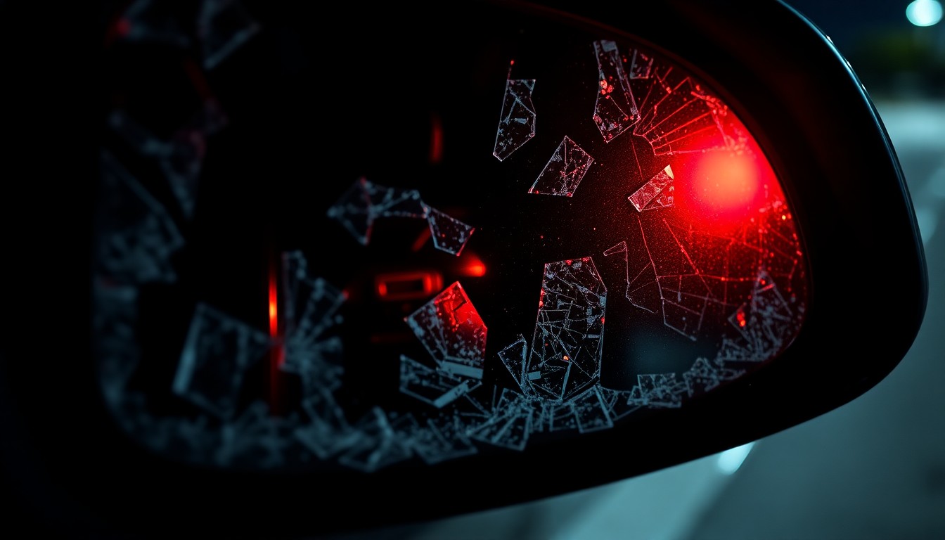 An extreme close-up of a shattered car side mirror lens reflecting a faint red light, conveying the gritty aftermath of a fatal crash caused by an underage, intoxicated driver.