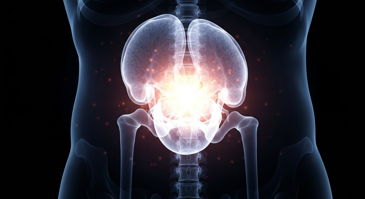 A ghostly, translucent X-ray image of a human prostate gland, glowing with an inner energy and surrounded by a dark, mysterious background, conceptually illustrating the precision and power of Sonablate's focused ultrasound technology.