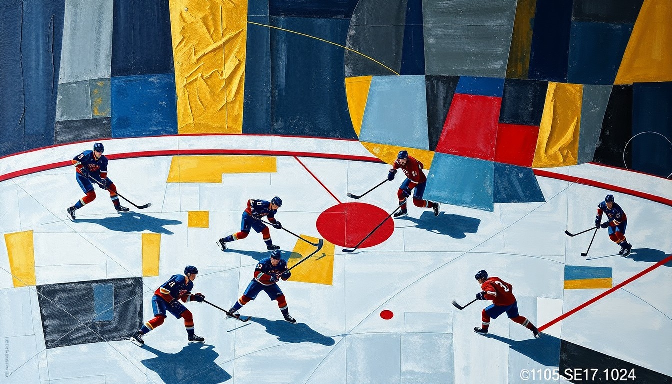 A cubist, geometric painting depicting the chaotic action of a hockey game, with overlapping planes of players, sticks, and pucks in a vibrant color palette, conveying the intensity and energy of the Badgers' semifinal victory.