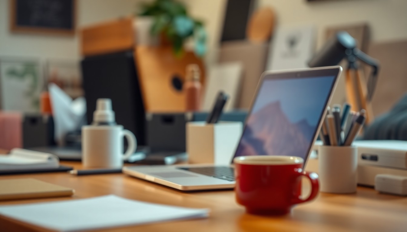 A softly focused, abstract photograph in warm earth tones depicting a remote workspace with a laptop, coffee mug, and other office supplies, conveying the atmosphere of a flexible work environment.