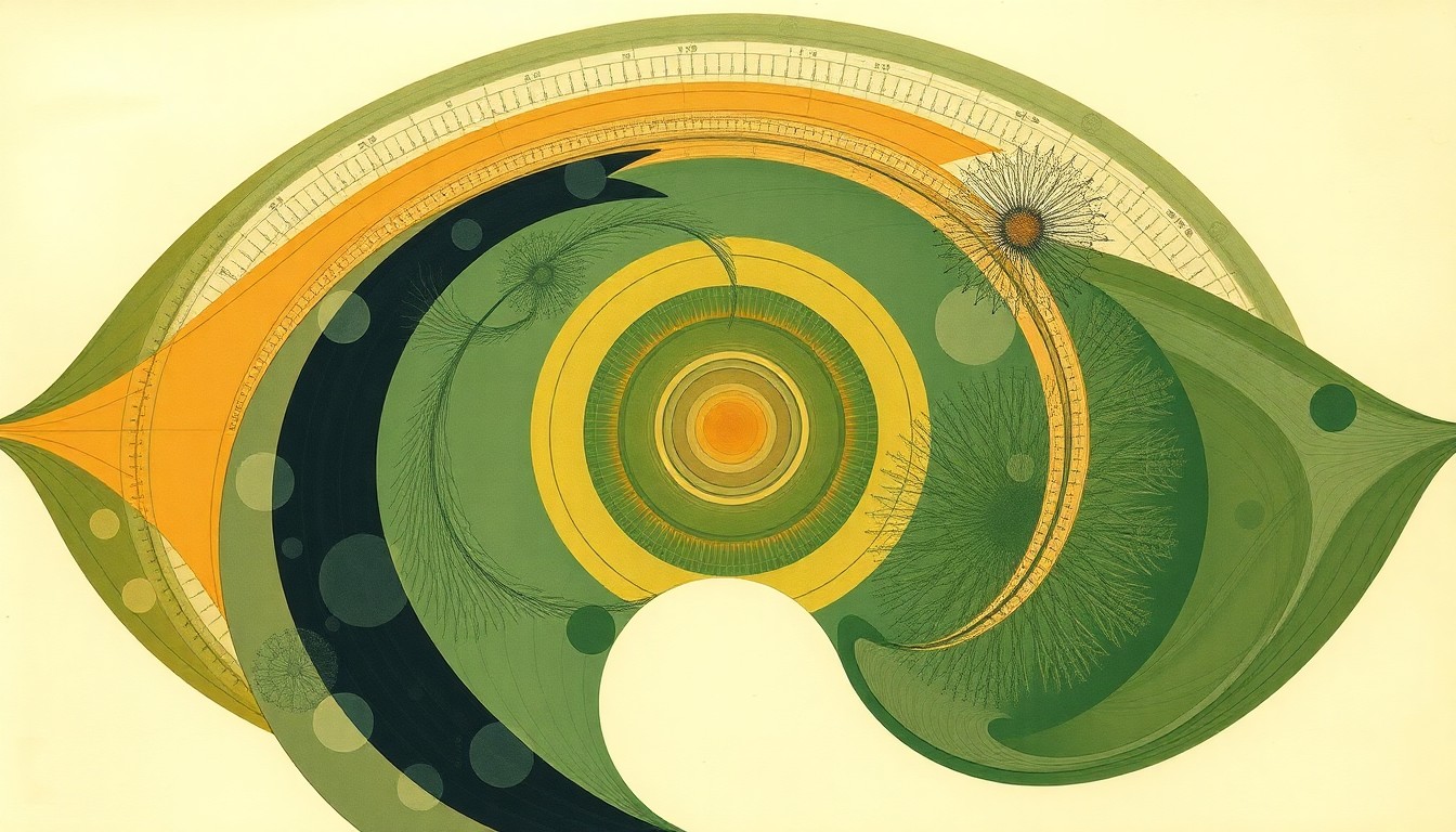 A bold, abstract painting in muted earth tones depicting sweeping geometric forms, concentric circles, and precise botanical spirals, conceptually representing the complex biological forces and pathways that regulate the blood-brain barrier's selective permeability.