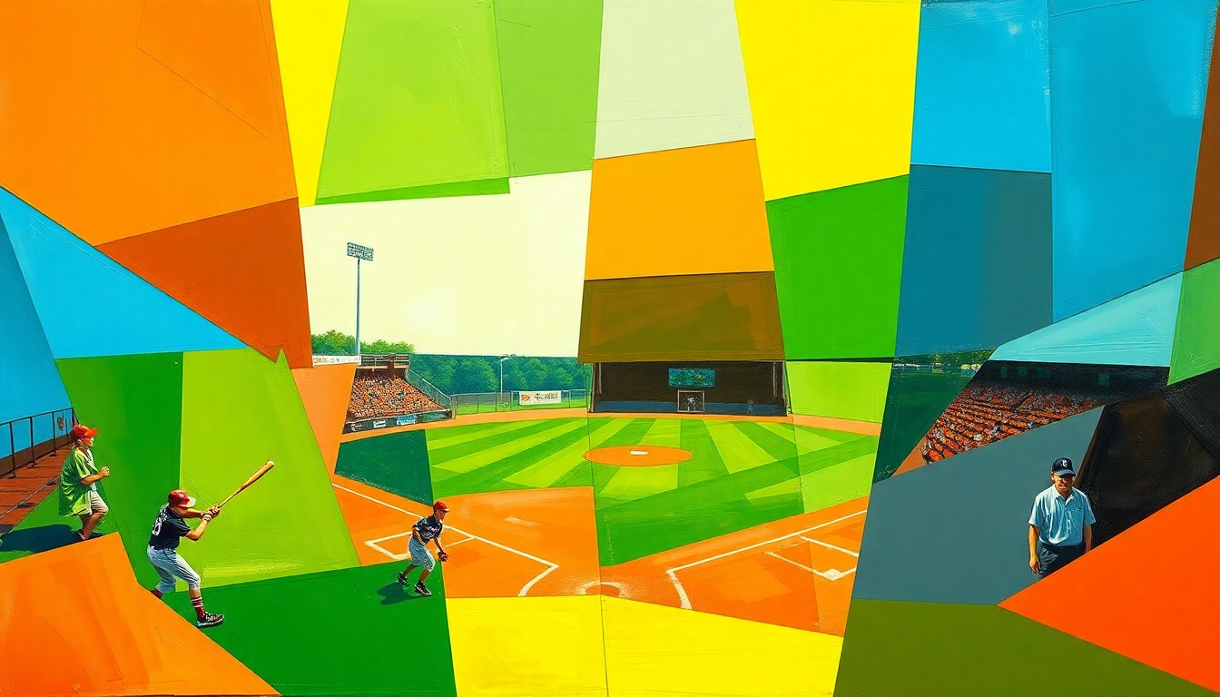 A fragmented, geometric painting depicting the dynamic action of a high school softball game, with sharp planes of vibrant colors representing the intensity of the competition.