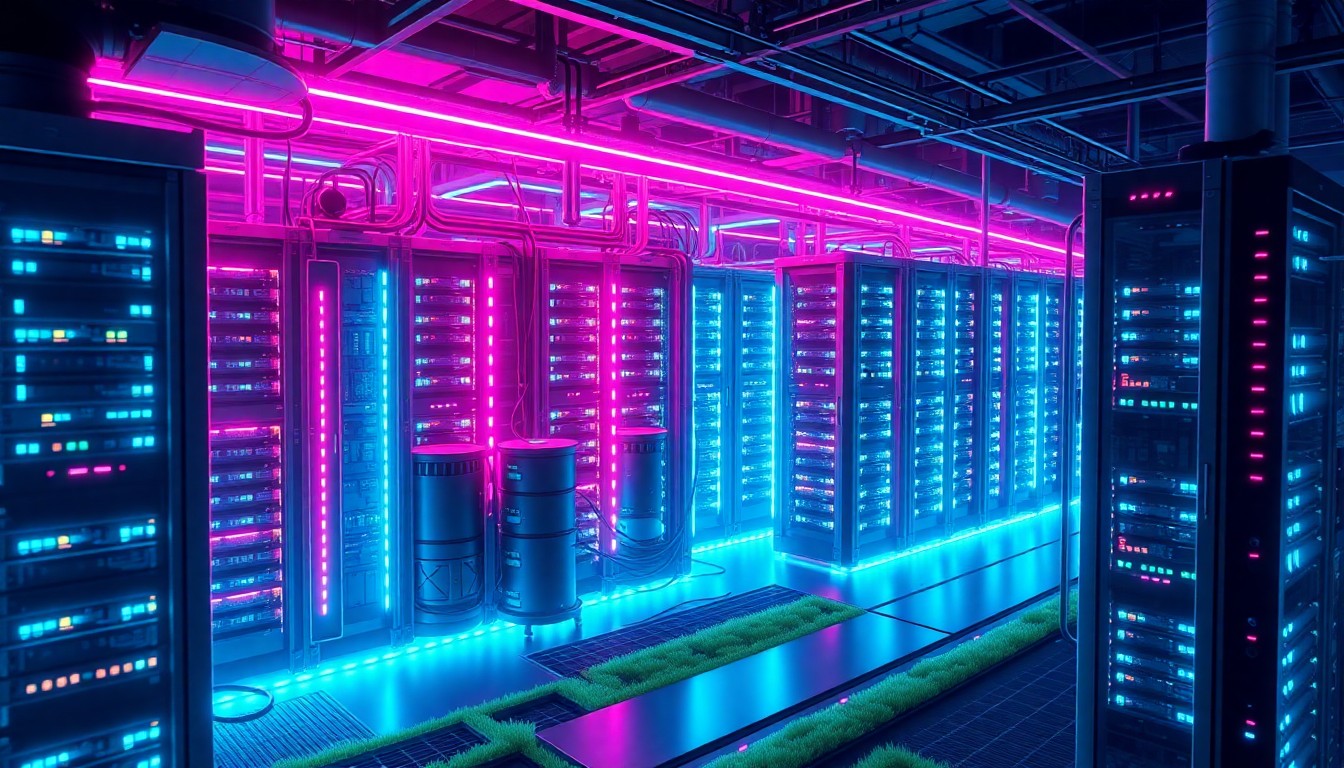 A highly detailed, glowing 3D illustration of a futuristic data center complex, with neon cyan and magenta lights illuminating the intricate network of servers, cables, and cooling systems, conceptually representing the technological power and scale of modern data infrastructure encroaching on a rural landscape.