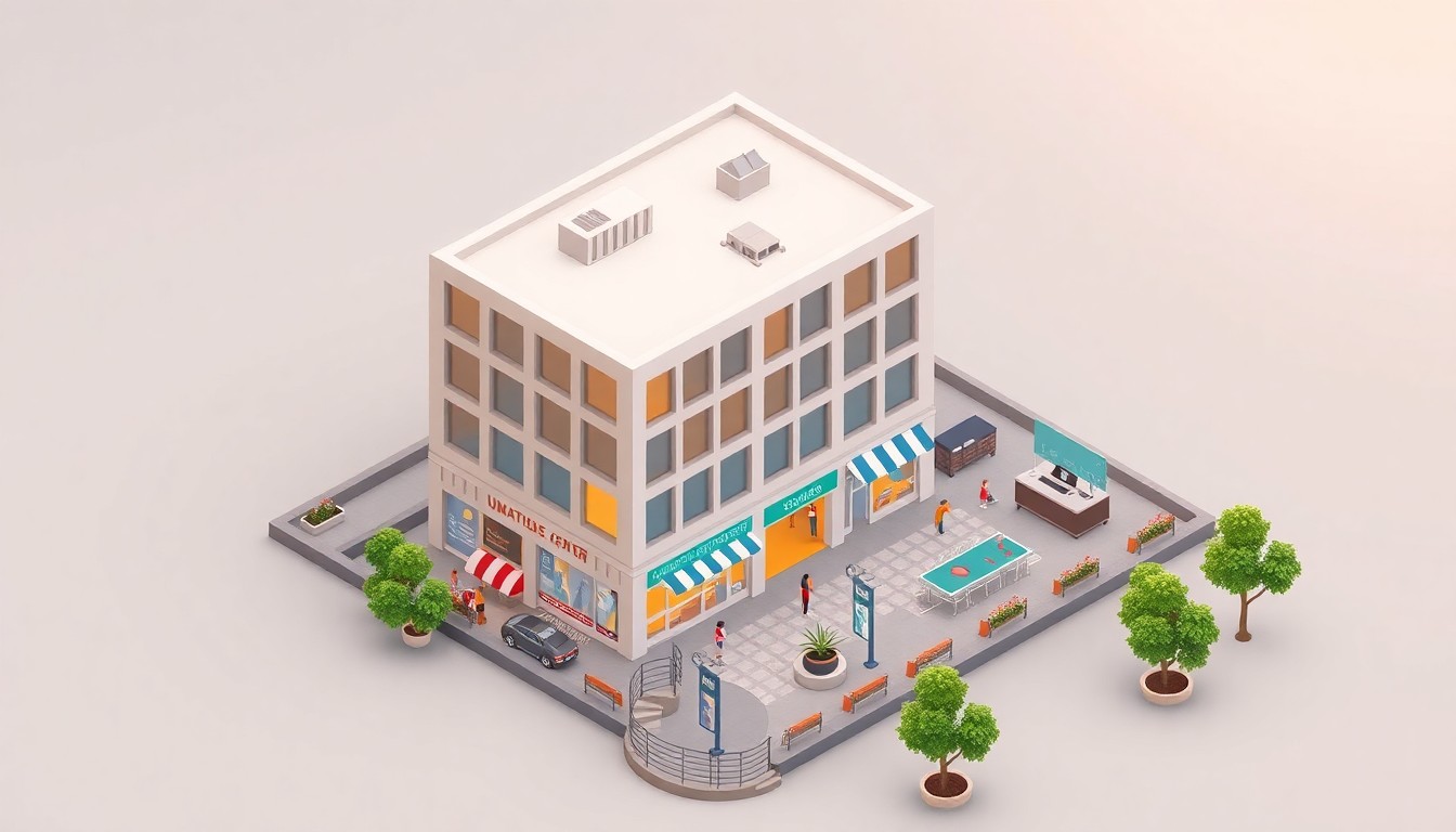 An isometric 3D illustration depicting a modern, multi-story business center with an outdoor plaza, various small businesses, and community spaces, all rendered in a clean, stylized manner with bold colors and soft lighting.