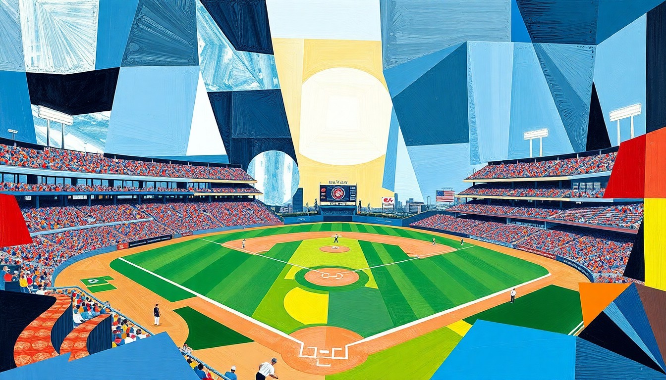 A fragmented, geometric painting depicting a high school baseball game, with the players and field broken down into sharp, overlapping shapes and planes of color.