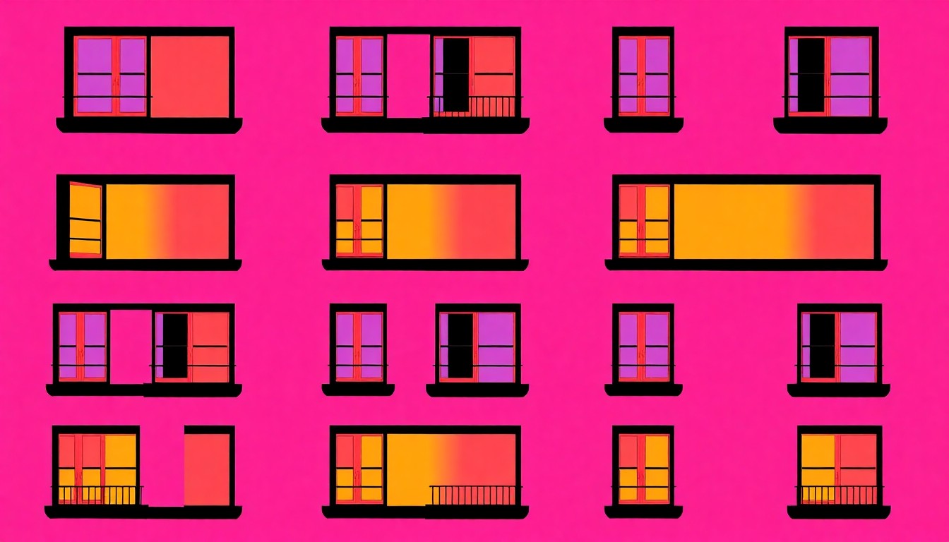 A vibrant, high-contrast silkscreen print featuring a repeated pattern of a single architectural element, such as a window or staircase, in a grid of neon colors and heavy black outlines, conceptually representing the modern, pop art-inspired aesthetic of the 'Latinitudes' exhibition.