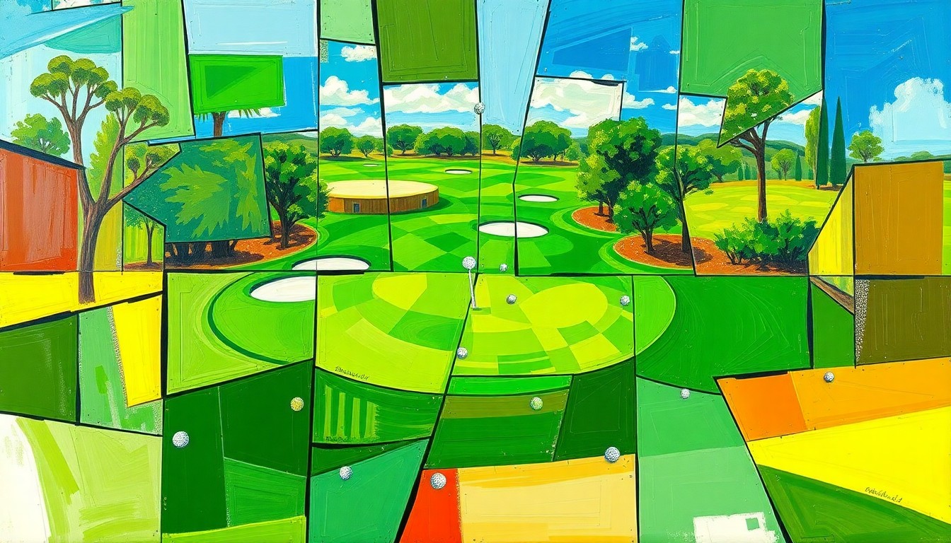 A cubist, geometric painting depicting a golf tournament, with sharp, overlapping planes of green, brown, and blue hues, conveying the dynamic energy and competition of the event.