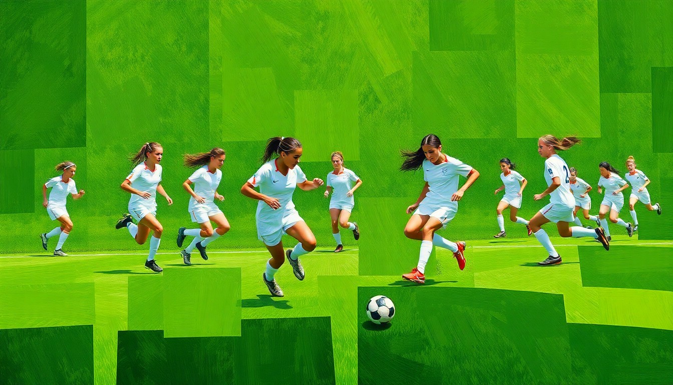 A fragmented, geometric painting depicting a girls soccer match, with overlapping planes of green, white, and the ball, conveying the fast-paced action of the game.
