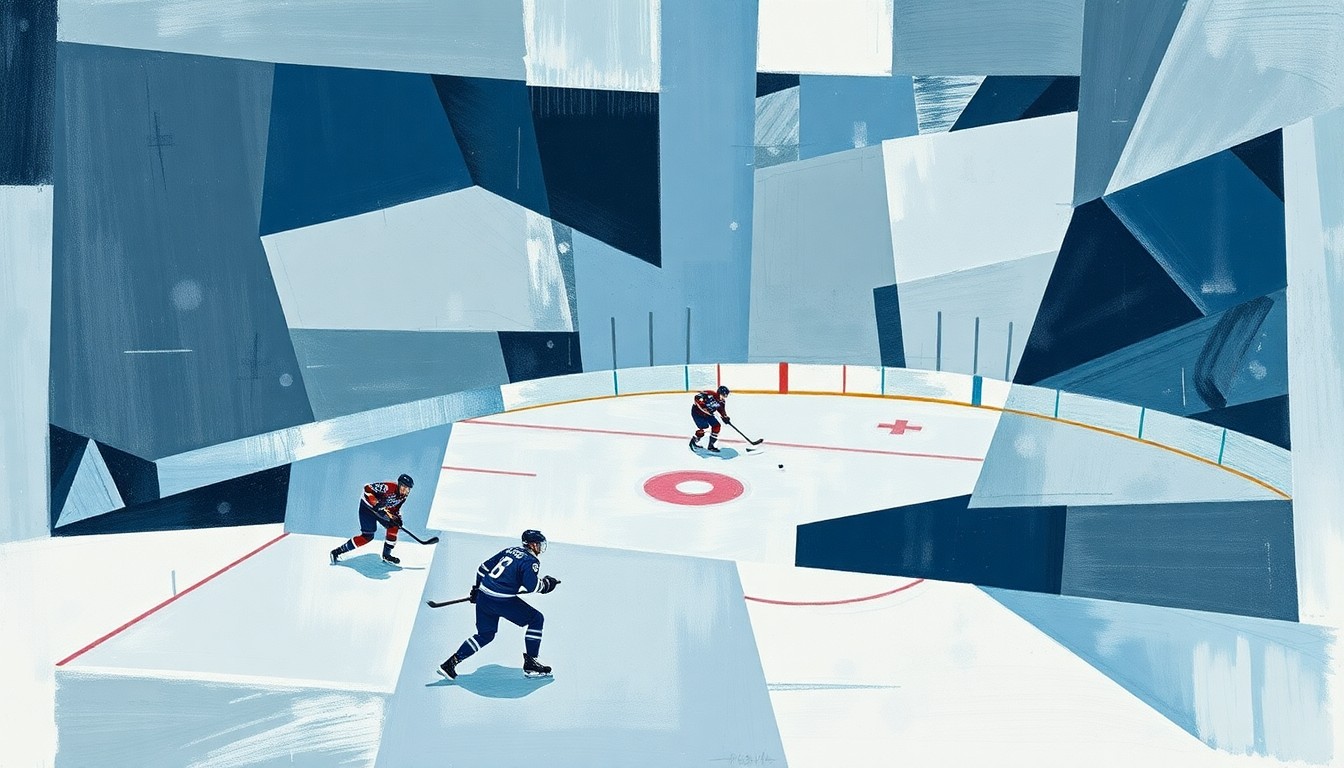 A cubist-style painting featuring fragmented, geometric shapes in muted tones, representing the complex challenges facing the Seattle Kraken as they strive to establish themselves as a successful NHL franchise.