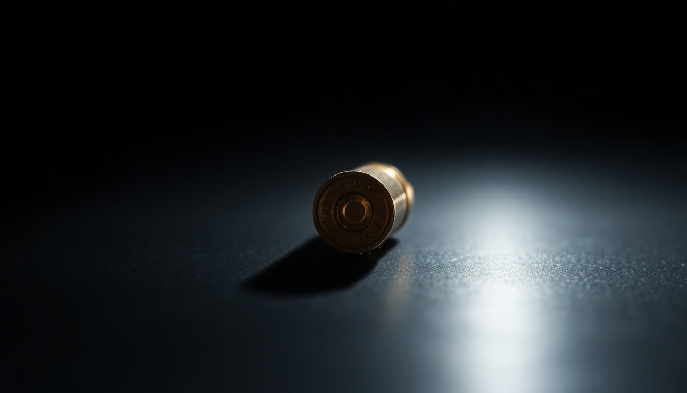 An extreme close-up photograph of a single bullet casing on a dark surface, lit by a harsh, direct camera flash, conceptually representing the violence and tragedy of the incident.