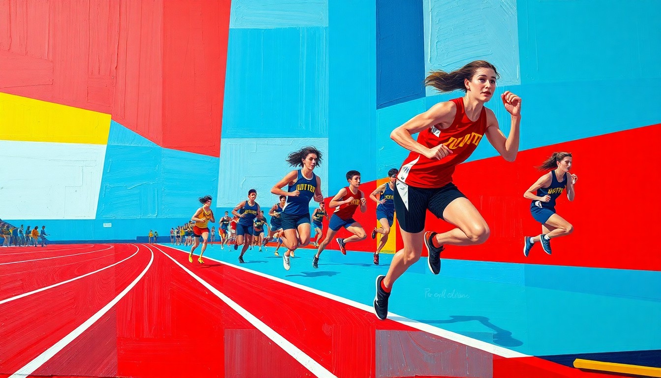 A fragmented, geometric painting in primary colors depicting the dynamic motion and energy of a high school track and field event, with no recognizable figures or text.
