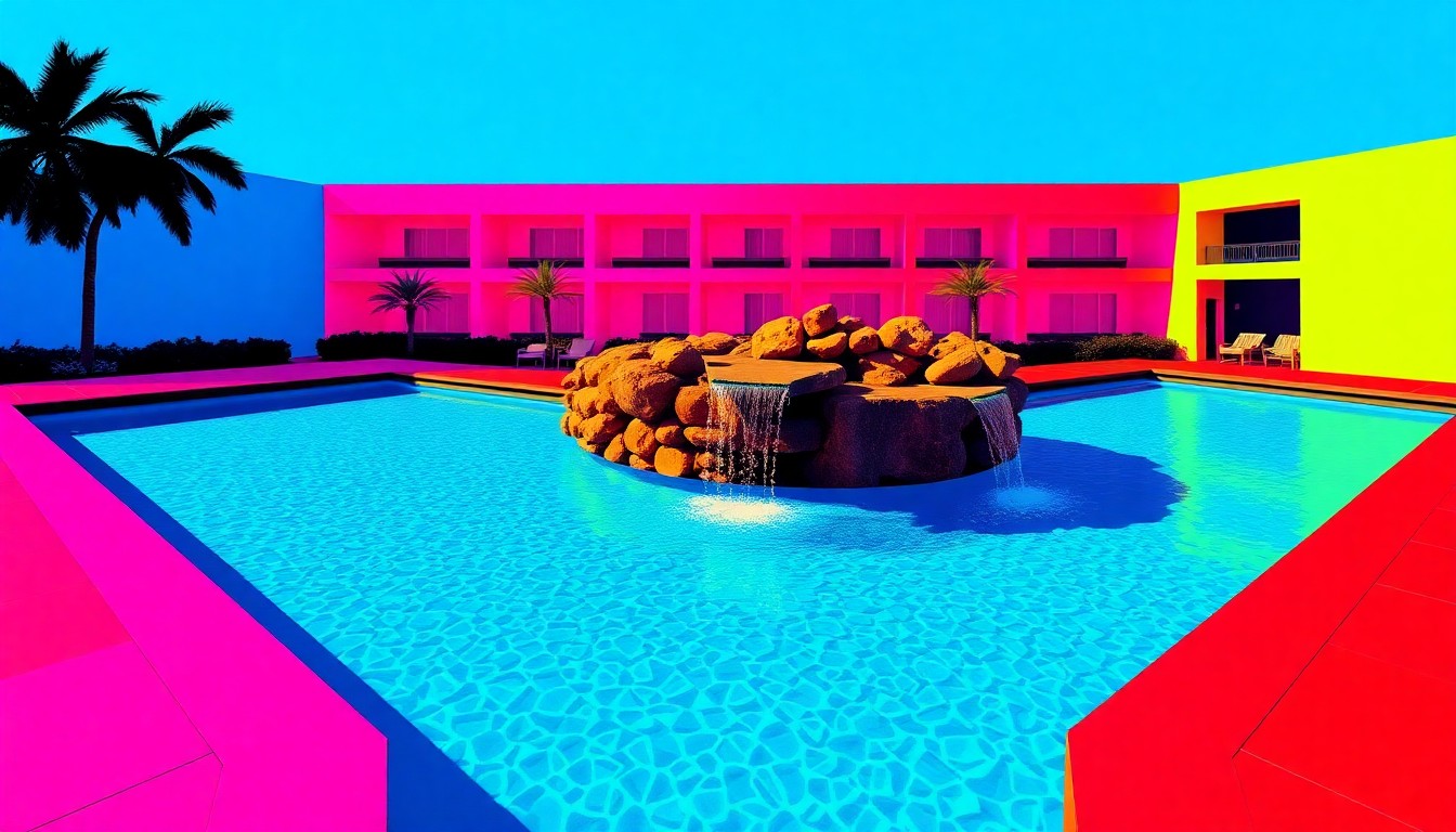 A brightly colored, high-contrast silkscreen print of a swimming pool with a cascading waterfall, repeated in a tight grid pattern, conceptually representing the luxury amenities of the Cresskill estate.