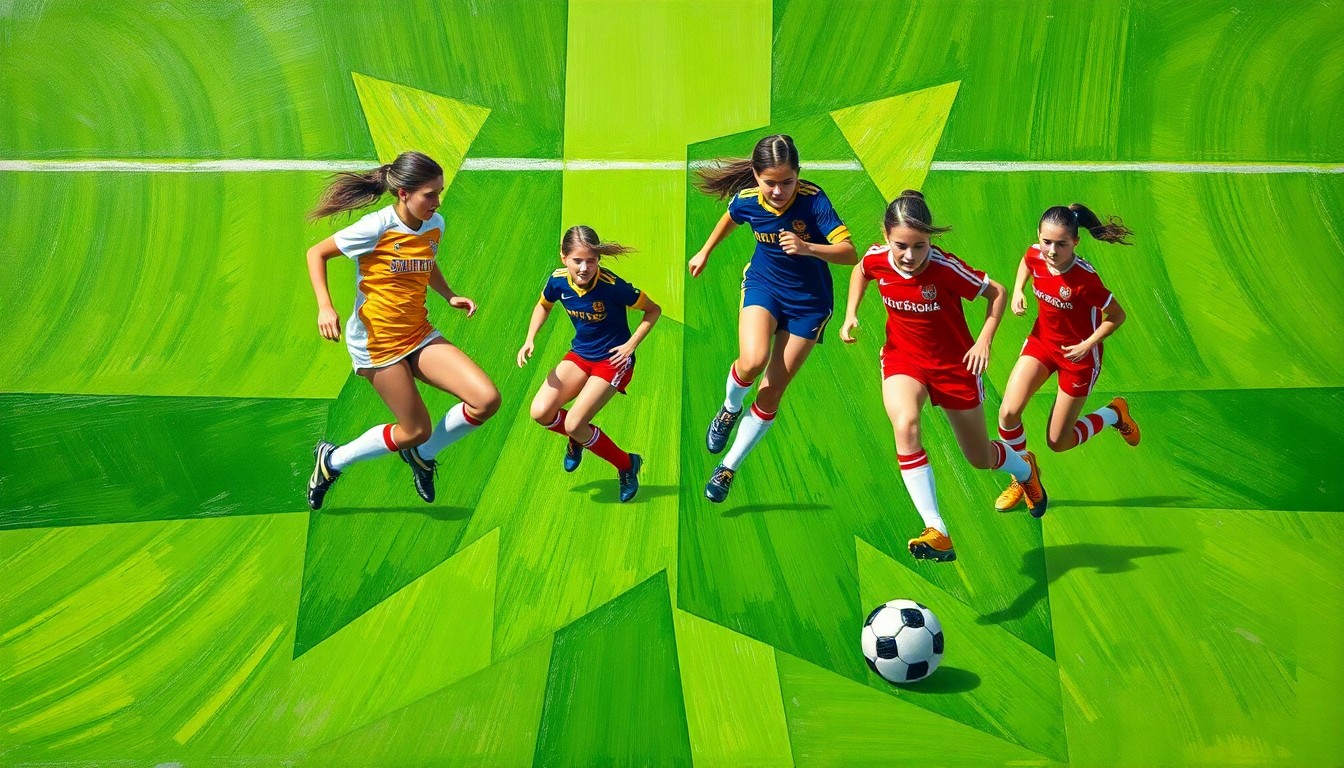 A fragmented, geometric painting depicting the dynamic movements and competing forces of a girls high school soccer game, with the players and ball rendered in an abstract, cubist style.