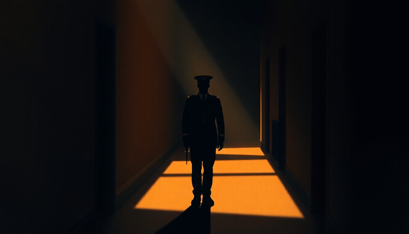 A dimly lit hallway with a lone military officer standing in the center, the scene bathed in warm, diagonal sunlight and deep shadows, conveying a sense of contemplation and transition.