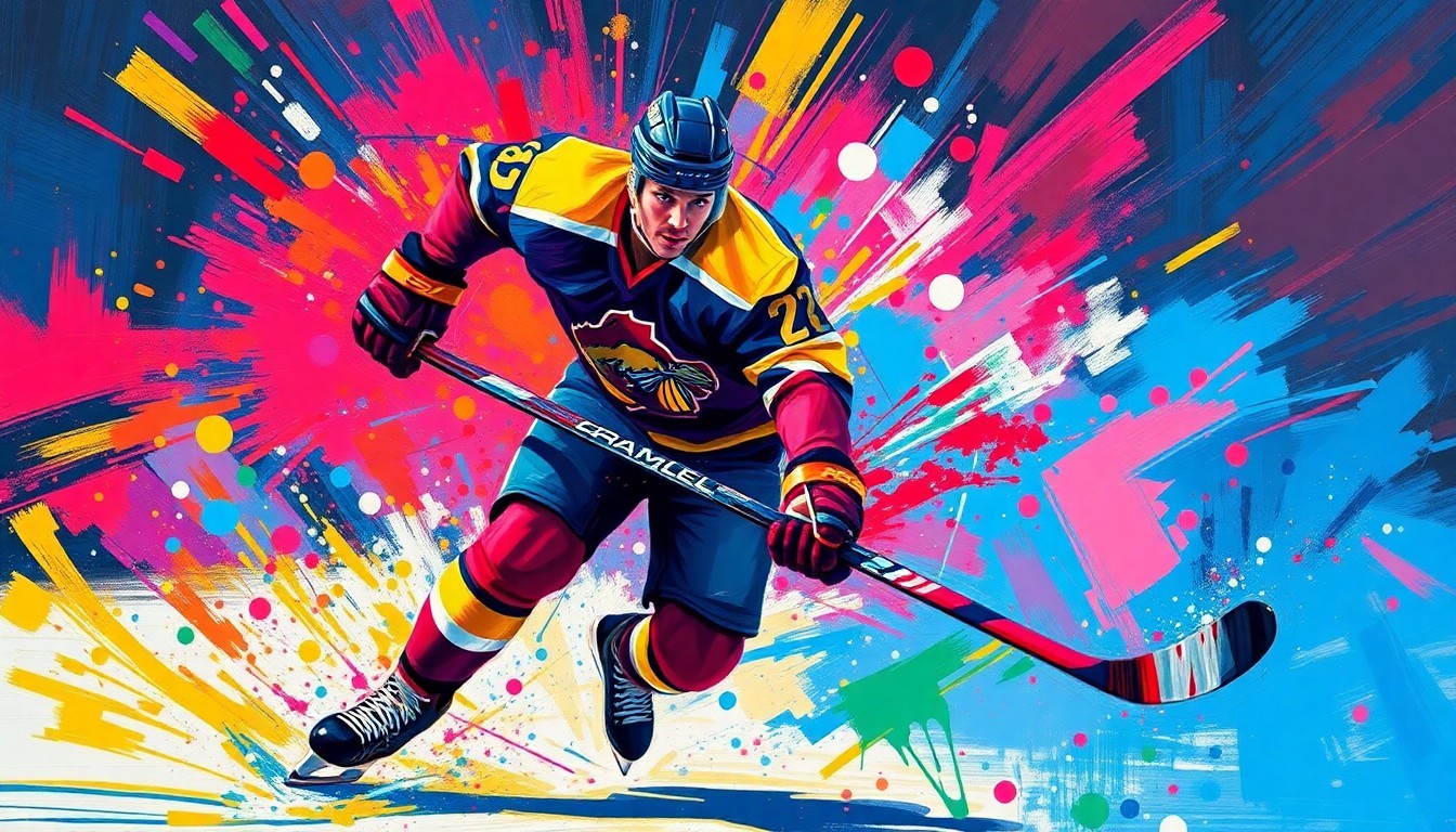 An extreme close-up of a hockey player scoring a goal, with the player's face and jersey details dissolving into a vibrant, expressionist painting of neon colors and rapid brushstrokes, capturing the raw energy and movement of the moment.