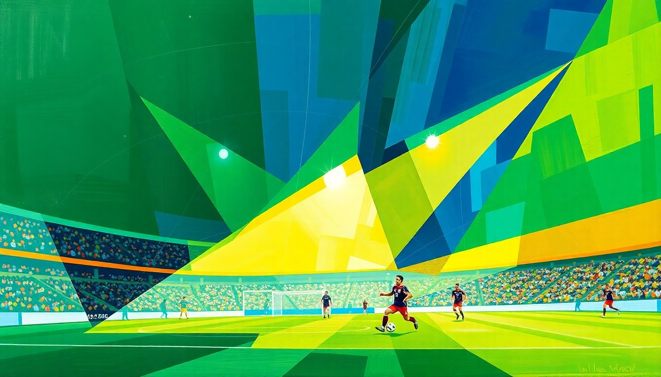 A fragmented, geometric painting depicting the action and energy of a high-stakes soccer match, with overlapping planes of green, blue, and yellow representing the players and the field of play.