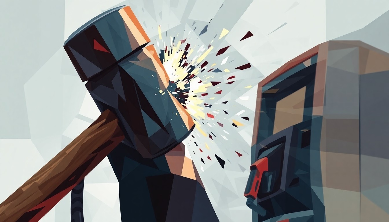 A fractured, overlapping geometric painting of a hammer repeatedly striking a gas pump, representing the violent attack and the political controversy surrounding immigration policies.