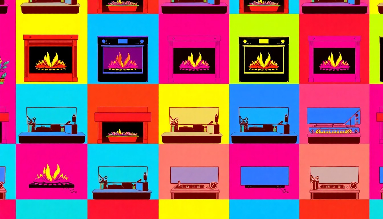 A brightly colored, high-contrast silkscreen print of a single, iconic luxury home detail like a kitchen appliance or fireplace, repeated in a tight grid pattern in vibrant neon colors with heavy black outlines, conceptually representing the elevated design of a luxury home renovation.
