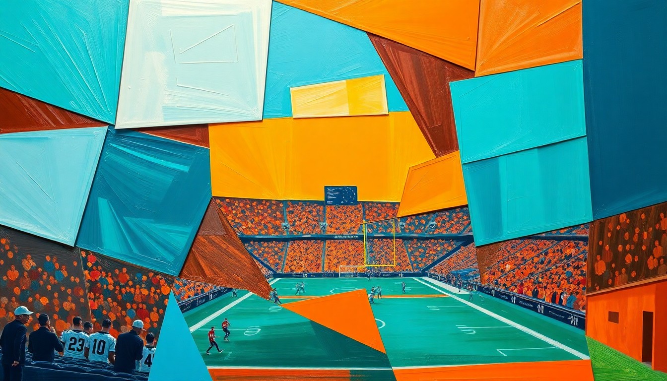 A cubist, geometric painting depicting a fragmented football stadium scene, with sharp, overlapping planes of color representing the various elements of the game and venue.