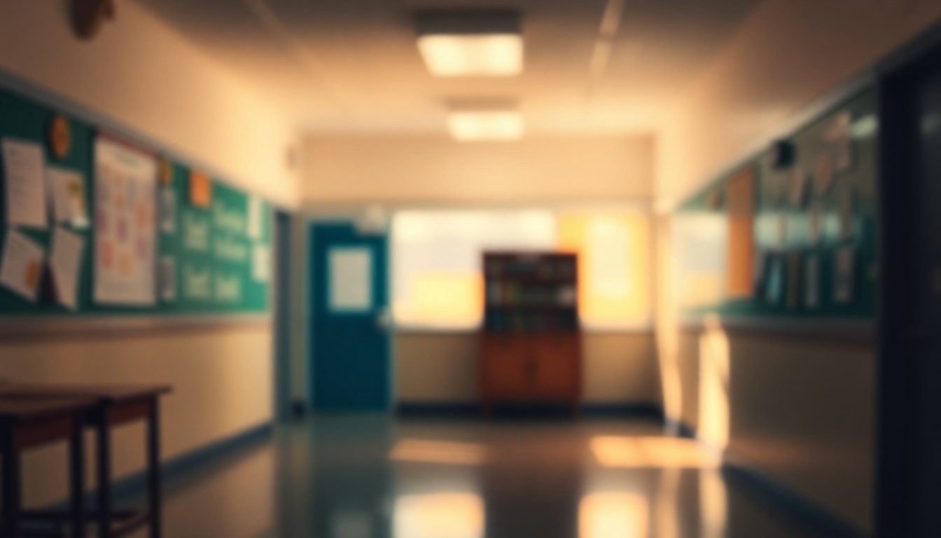 A softly blurred, out-of-focus photograph of a school hallway or classroom, with warm pools of light and color creating a dreamlike, introspective atmosphere that conceptually represents the thoughtful leadership transition at Gering Public Schools.