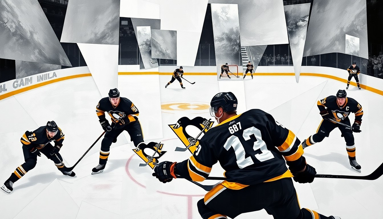 A fragmented, geometric painting depicting the abstract forms of hockey players in motion, with sharp planes of black, gold, and white representing the Pittsburgh Penguins' team colors.