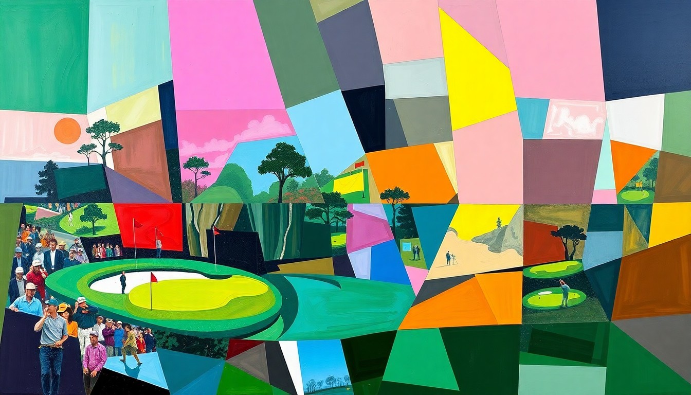 A cubist-style painting depicting the Masters tournament as a fragmented, geometric composition of overlapping planes in shades of green, white, and red, conveying the complex interplay of legacy and innovation in the sport of golf.