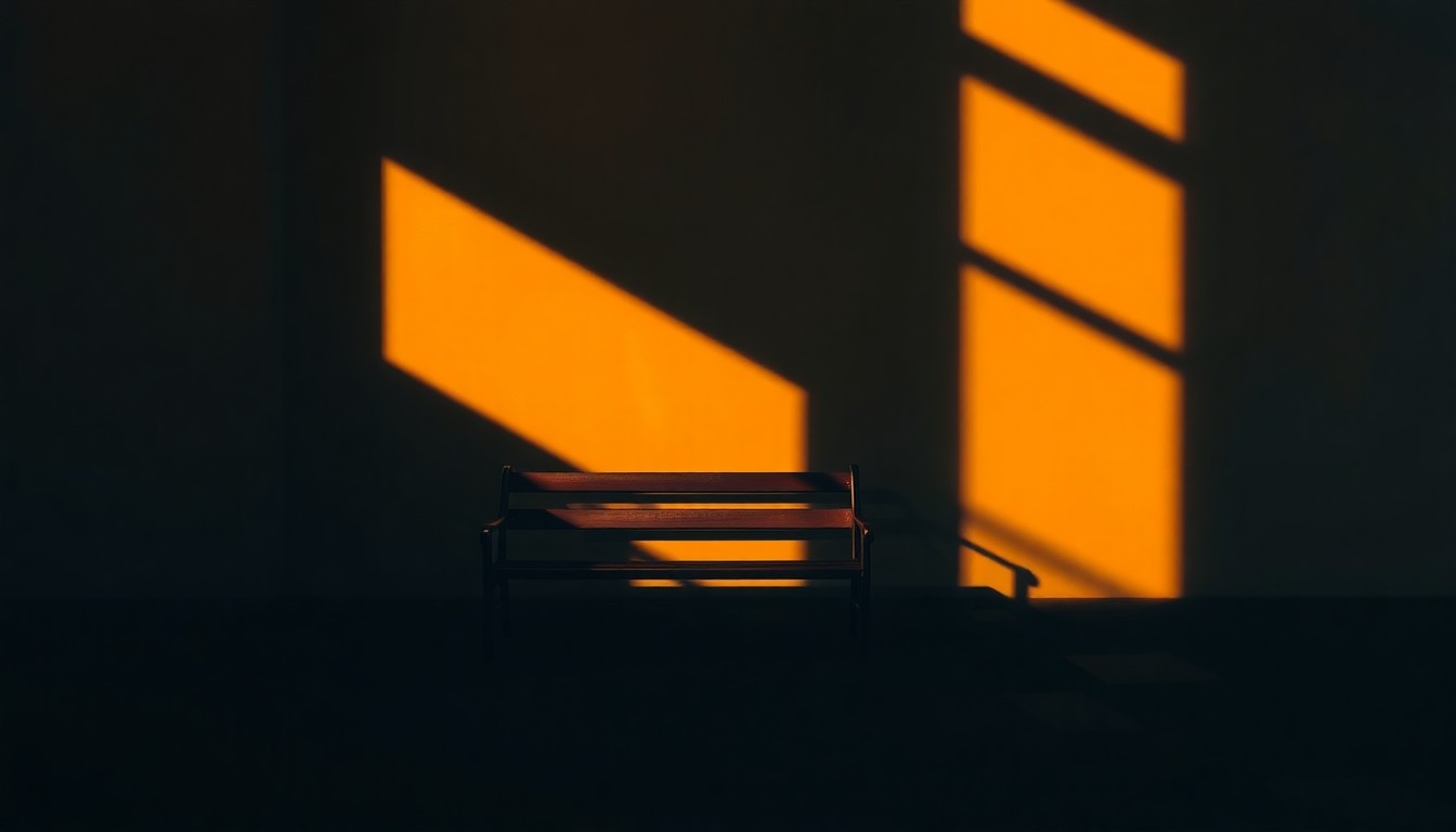 A serene, cinematic painting of a solitary courthouse bench in warm, golden light, conveying a sense of contemplation and the weight of administrative errors.