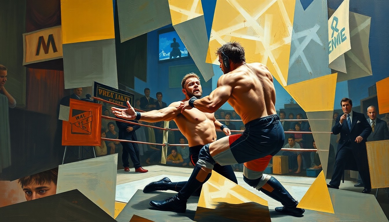 A fractured, multi-perspective painting in a cubist style, depicting a wrestler in mid-motion, their body and surroundings deconstructed into sharp, overlapping geometric forms, conceptually representing the complex power dynamics and narrative shifts at play in this pro wrestling storyline.