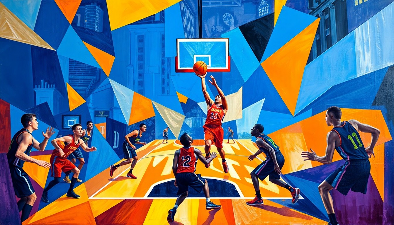 A fragmented, geometric painting depicting the dynamic movements and competing forces of a high school basketball game, with the players' forms broken down into sharp, overlapping planes of color.