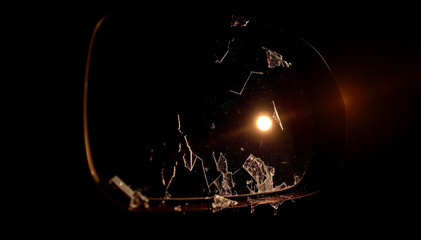 An extreme close-up photograph of a damaged car's side mirror, shattered and reflecting a dim streetlight, against a pitch-black background, conceptually illustrating the aftermath of a rollover crash incident.