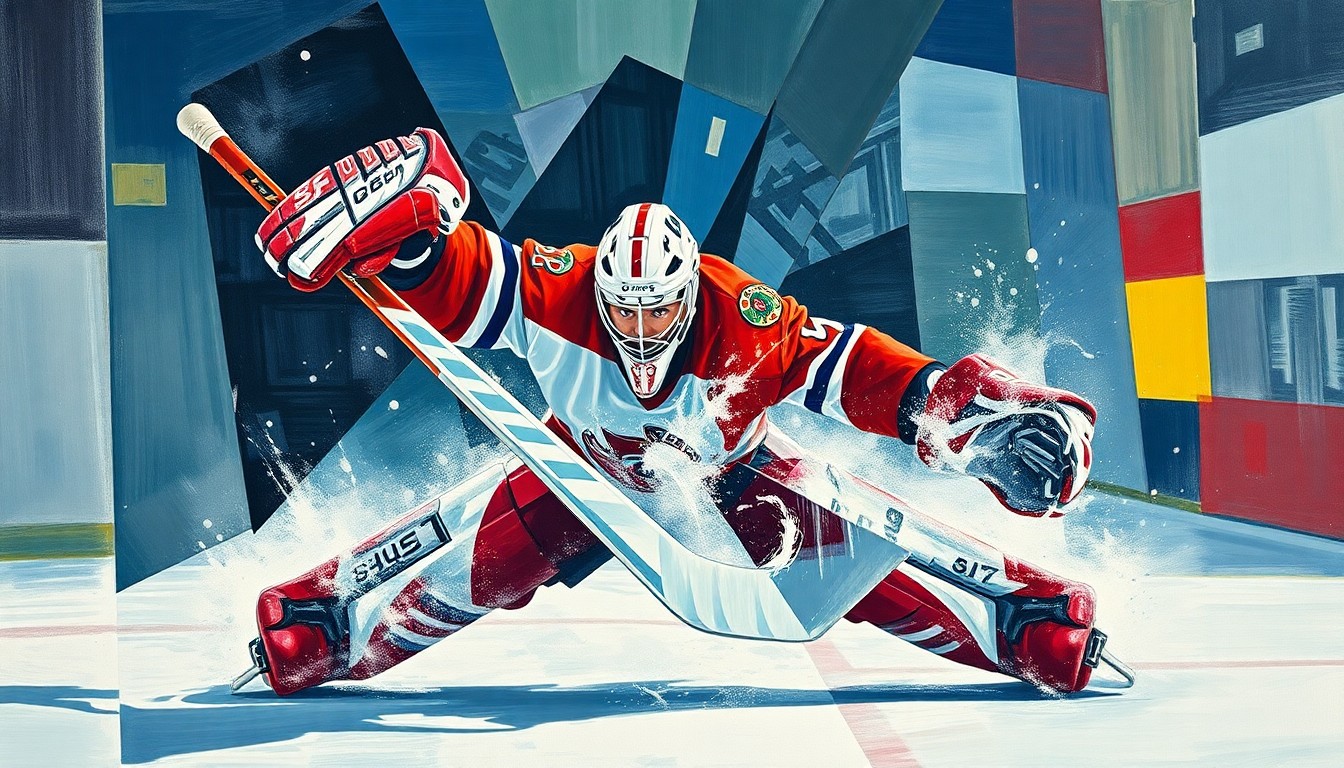 A fractured, multi-perspective painting depicting a hockey goaltender's intense focus and acrobatic saves, broken down into sharp, overlapping geometric planes in the style of Pablo Picasso.