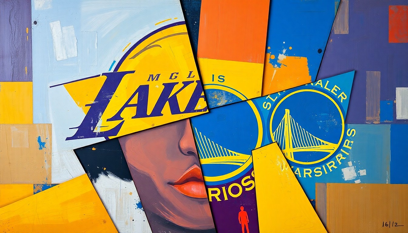 A fragmented, abstract painting depicting the action and energy of a basketball game through sharp, angular shapes and planes of color, without any recognizable figures or branding.