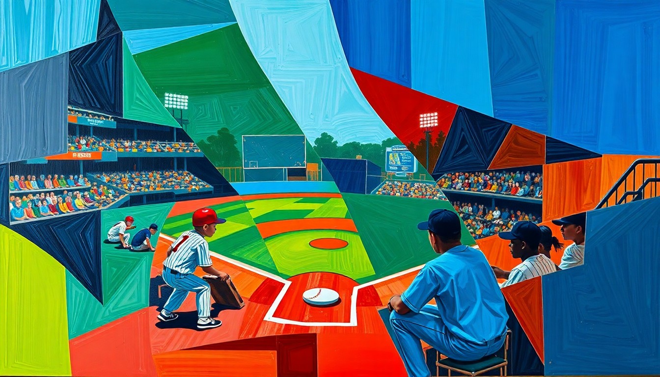 A dynamic, fragmented painting in bold, clashing colors depicting the action and movement of a Little League baseball game, with players, the field, and equipment broken down into abstract geometric shapes and planes.