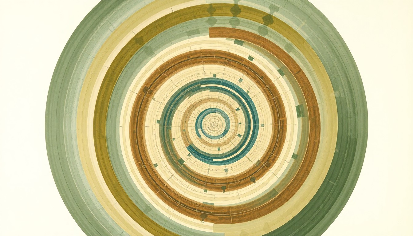 A highly textured, abstract painting in soft earth tones of green, blue, and brown, featuring sweeping geometric arcs, concentric circular patterns, and precise botanical or physical spirals, conveying the structural order of the brain's visual processing mechanisms.