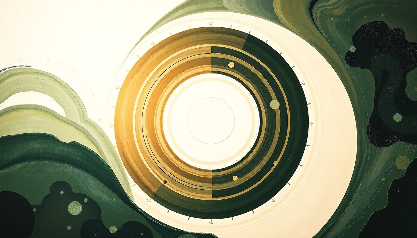 An abstract, highly structured painting in soft, earthy tones of green, brown, and blue, featuring sweeping geometric arcs, concentric circles, and precise botanical spirals, conceptually representing the complex chemical reactions and scientific forces at work in a new reactor that recycles plastic waste and battery acid into clean hydrogen.