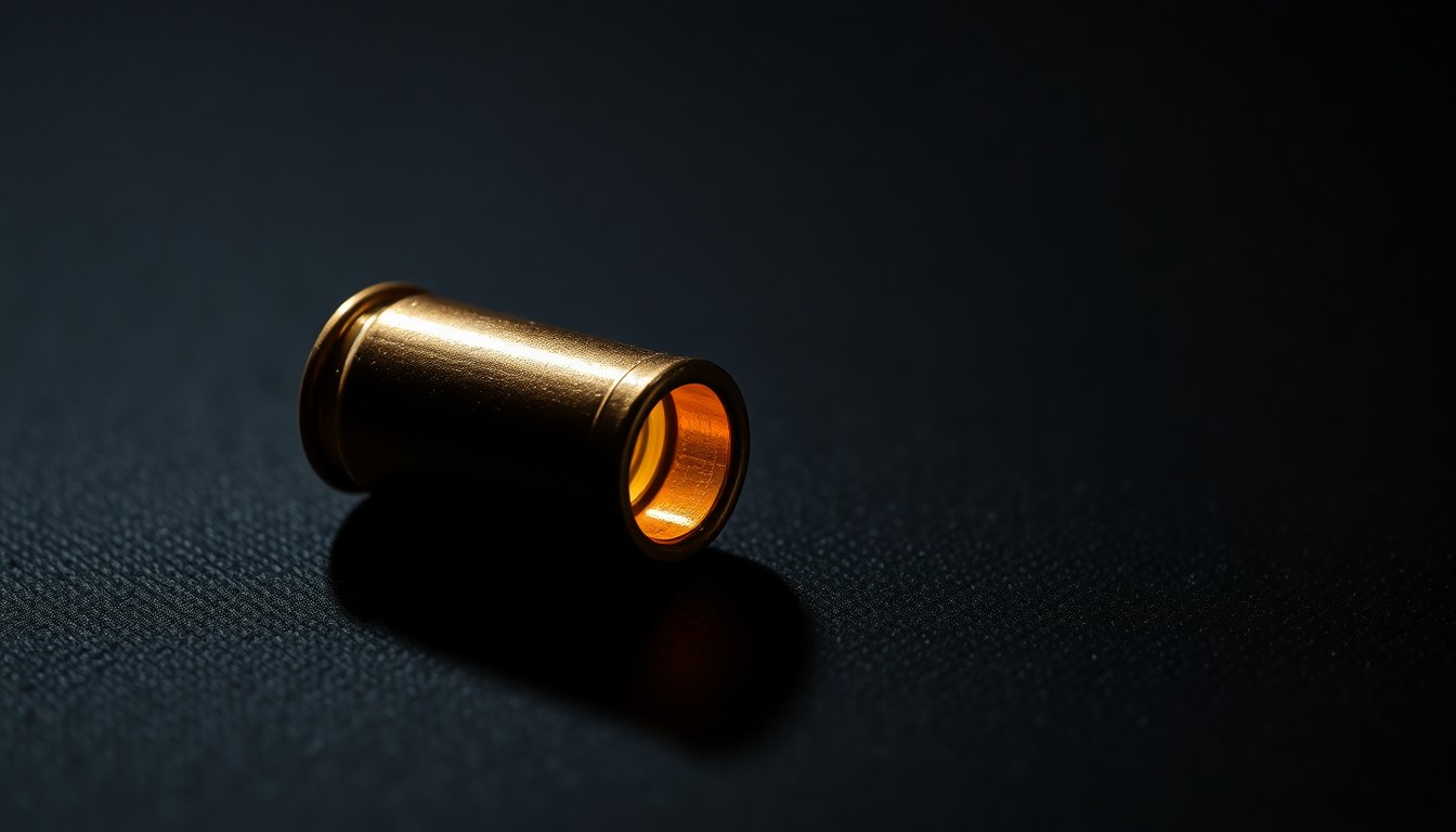 An extreme close-up photograph of a single spent bullet casing on a dark, textured surface, lit by a harsh, direct camera flash, conceptually representing the sudden and gritty nature of the shooting incident.