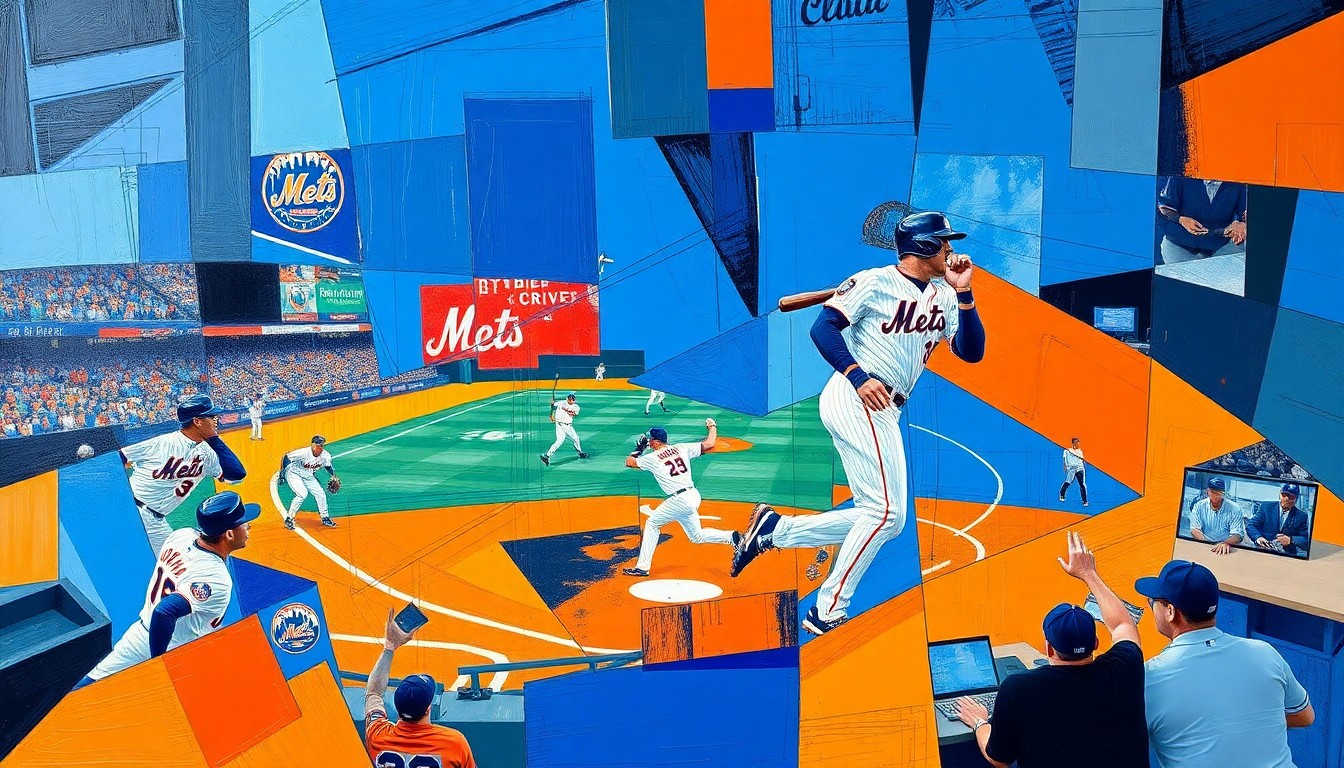 A cubist, geometric painting depicting a baseball player in motion, with their body and movements fractured and abstracted into sharp, overlapping planes of blue and orange.