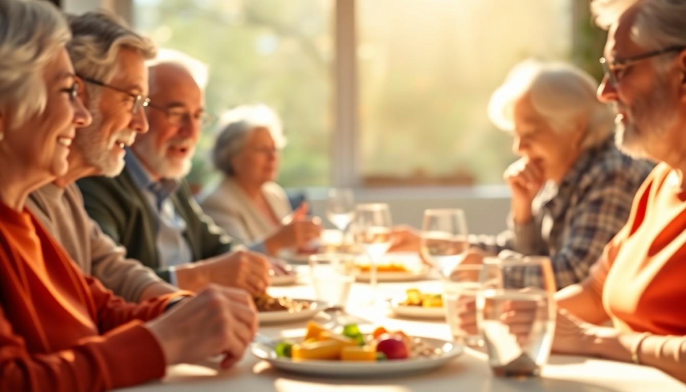 An abstract, impressionistic scene of seniors sharing a meal, with soft, blurred brushstrokes of warm colors and gentle lighting creating a sense of community and togetherness.