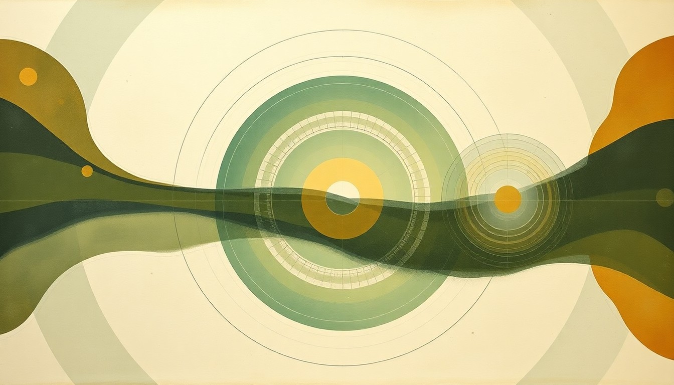 A highly structured abstract painting in muted earth tones, featuring sweeping geometric arcs, concentric circles, and precise botanical spirals, conceptually representing the complex interplay of natural forces and scientific research surrounding the Año Nuevo elephant seal outbreak.