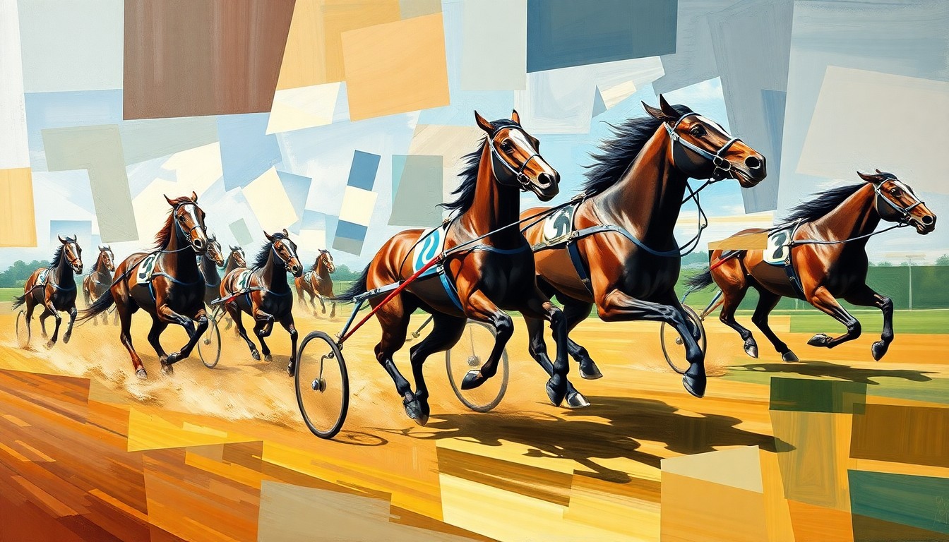 A cubist-style painting depicting a standardbred harness race broken down into fragmented, overlapping geometric shapes and planes of color, conveying the raw energy and motion of the sport.