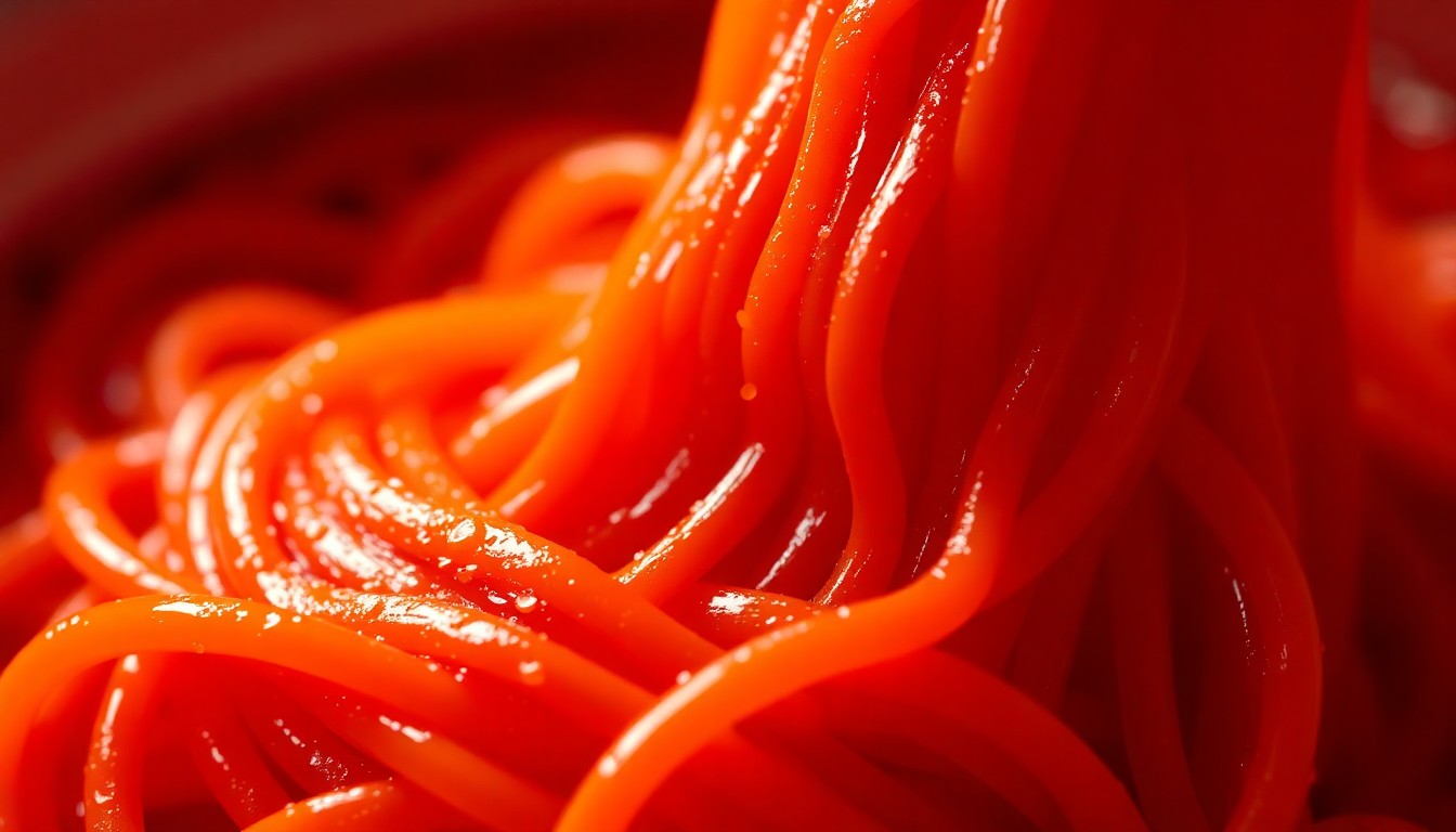 An extreme close-up photograph of glistening, textured Buldak ramen noodles in a vibrant red-orange color, lit dramatically with high-contrast studio lighting to capture the product's fiery, premium aesthetic.