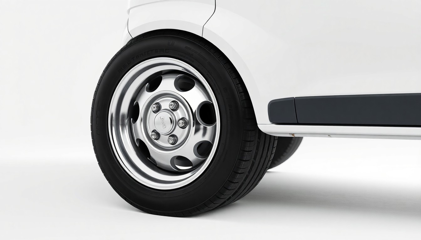 A photorealistic studio still life photograph featuring a shiny, chrome delivery van wheel rim and tire on a clean, white seamless background, symbolizing the abstract corporate strategy and market forces behind the 'last-mile' delivery industry.
