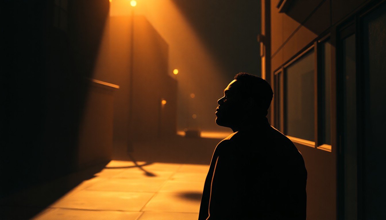 A cinematic painting depicting a solitary figure in an urban setting, with warm lighting and deep shadows, conceptually representing the transition of leadership within the Rainbow PUSH Coalition.