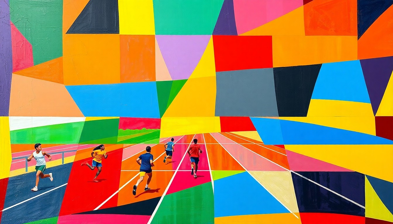 A fragmented, geometric painting in bold primary colors depicting an abstract track and field scene, capturing the dynamic motion and intensity of the competition.
