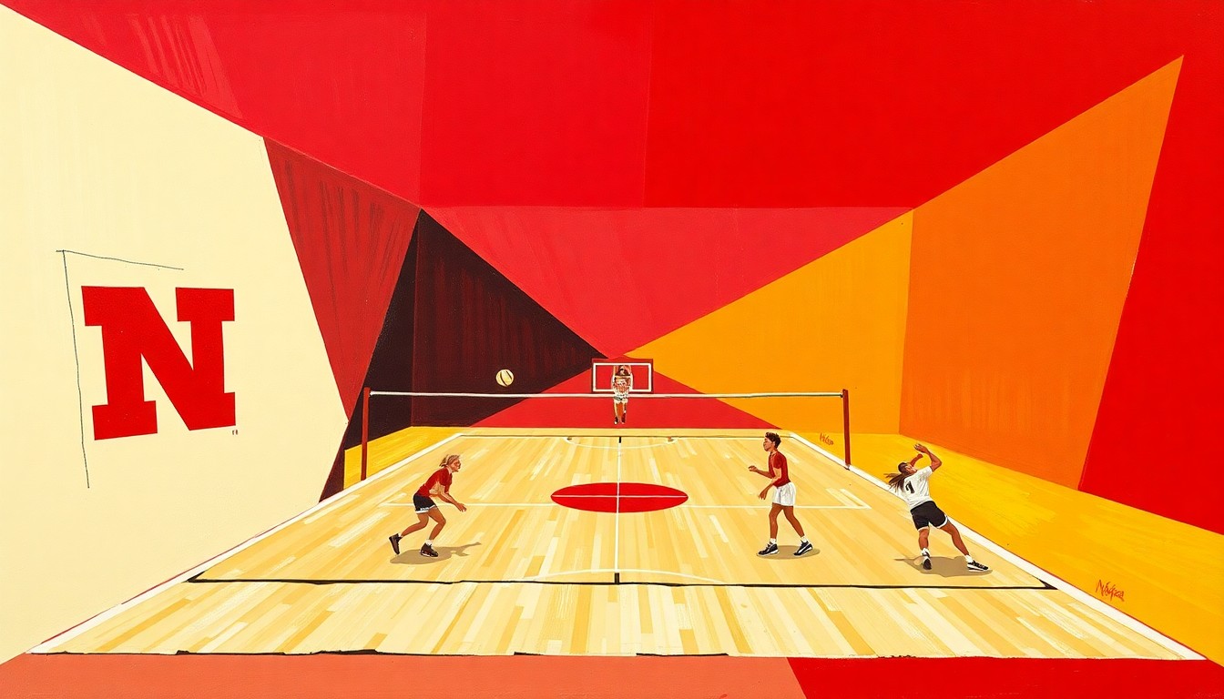 A fractured, multi-perspective painting featuring sharp, overlapping geometric shapes in the team colors of Nebraska and Iowa State, conceptually representing the energy and dynamics of a college volleyball match.