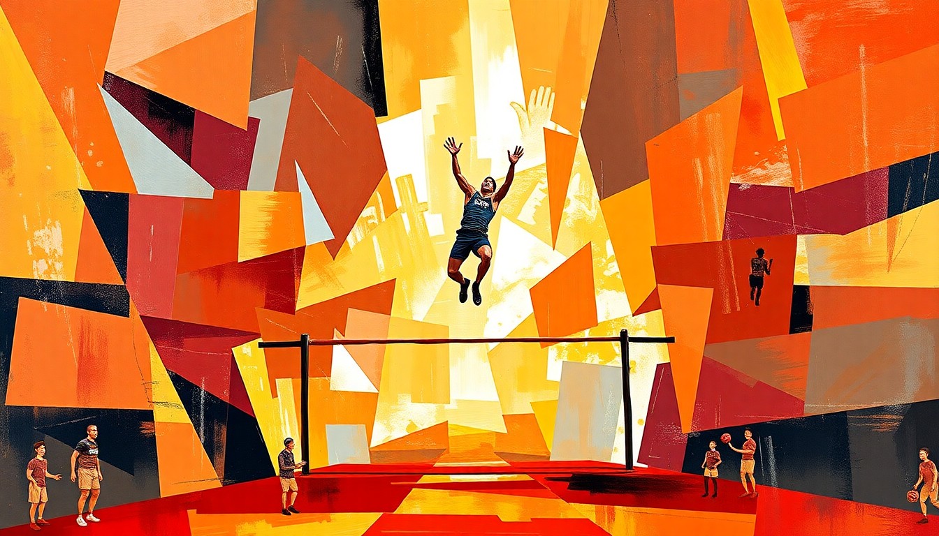 A fractured, multi-perspective painting in a cubist style, using sharp geometric planes and the University of Montana's official team colors to depict the high jump competition in an abstract, energetic way.