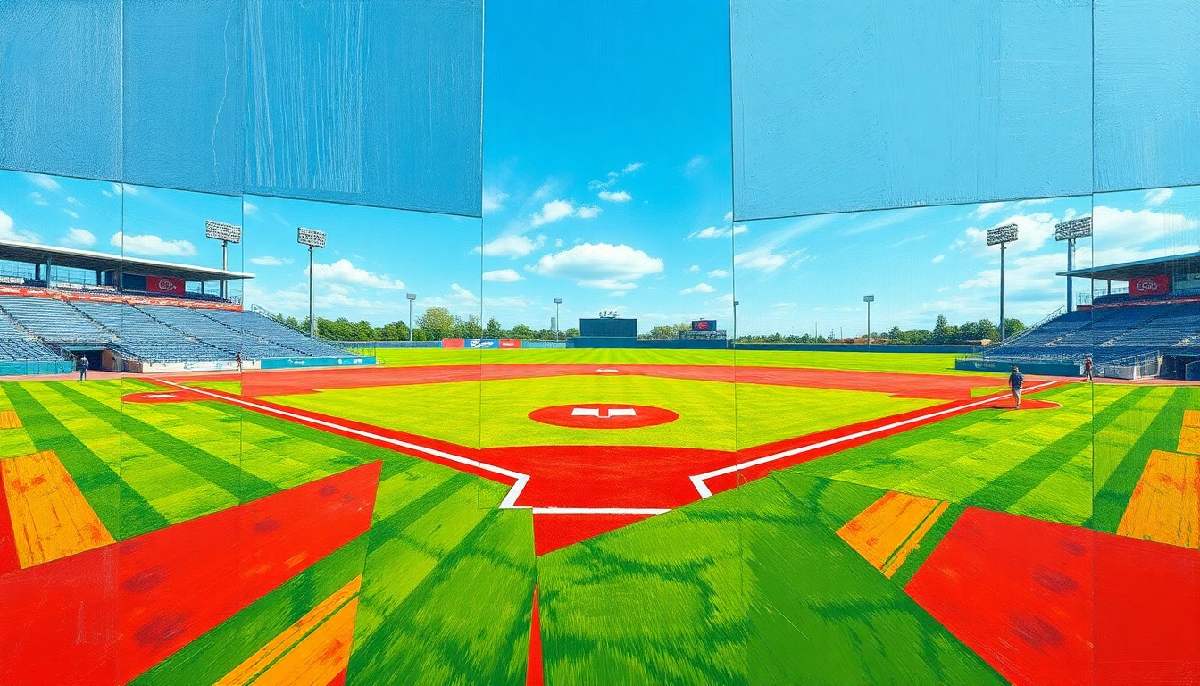 A cubist, geometric painting depicting a high school baseball game, with sharp planes of green, red, and blue representing the field, players, and sky in an abstract, fragmented style.